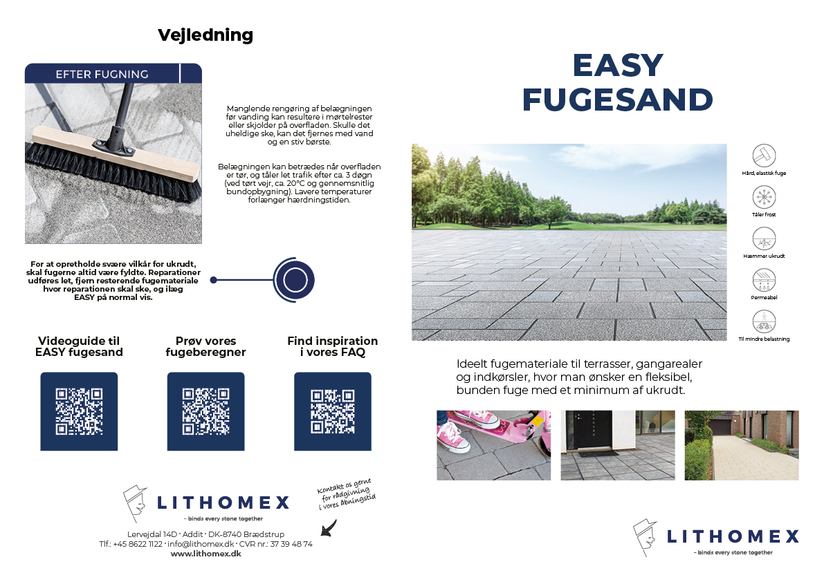 4-sidet brochure for Lithomex med fokus på produktet Easy Fugesand - designet af marketing freelance og freelance marketingkonsulent Marketingsnedkeren