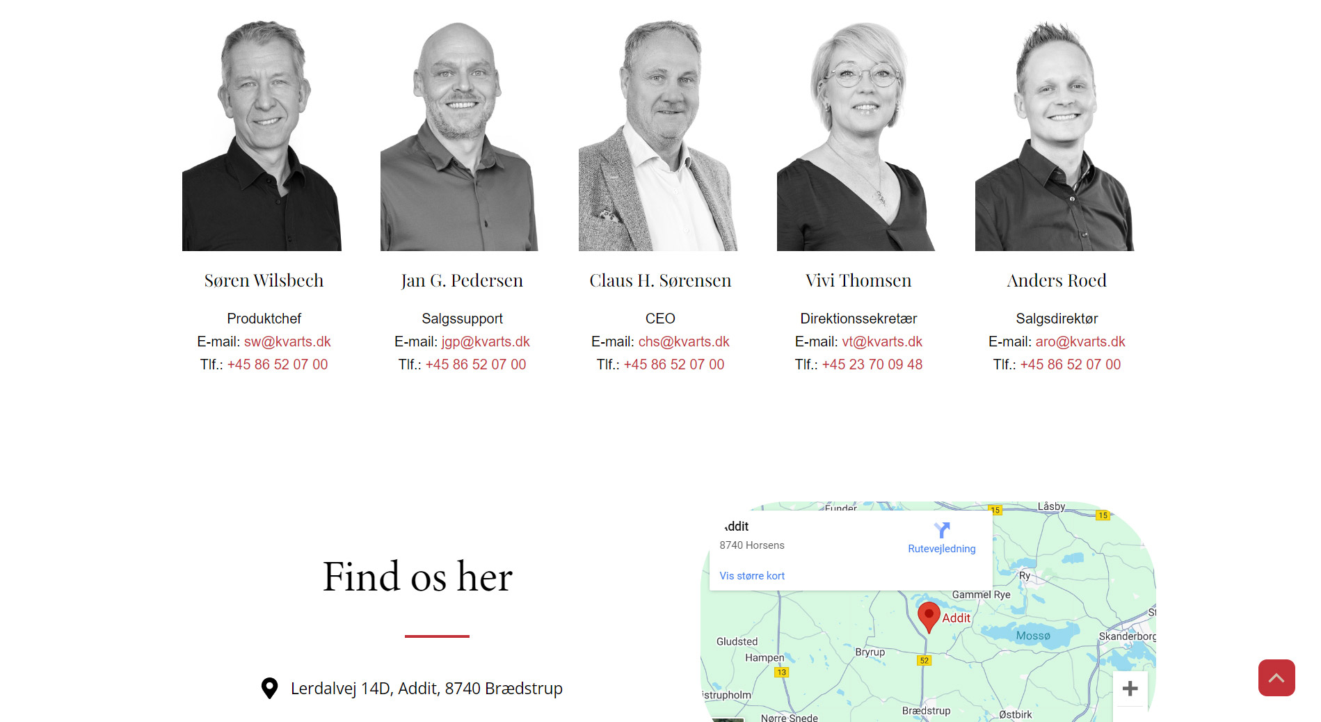 Kontaktside med fotos af medarbejdere og kontaktinfo på Dansk Kvarts Industri webside af designet af freelance marketingkonsulent og webdesigner Marketingsnedkeren