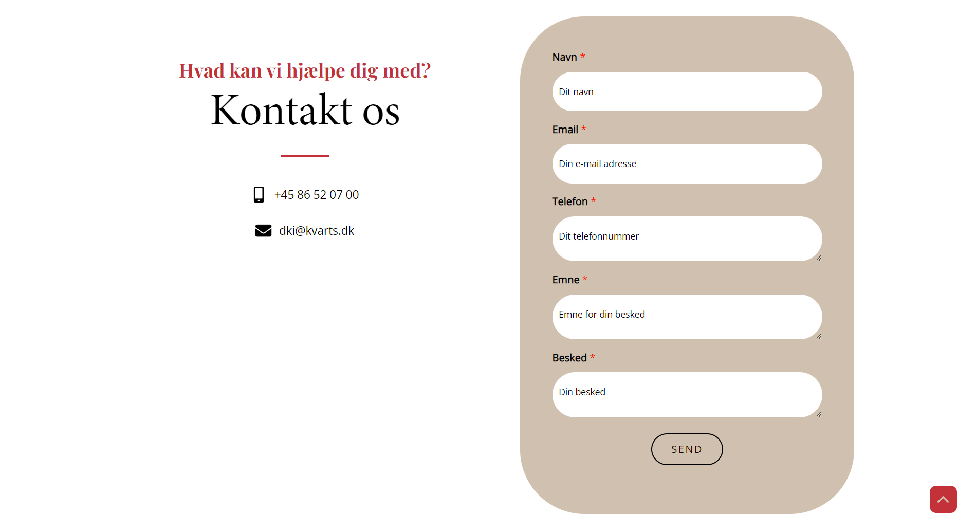 Kontaktside med kontaktinfo og kontaktformular på Dansk Kvarts Industri webside af designet af freelance marketingkonsulent og webdesigner Marketingsnedkeren