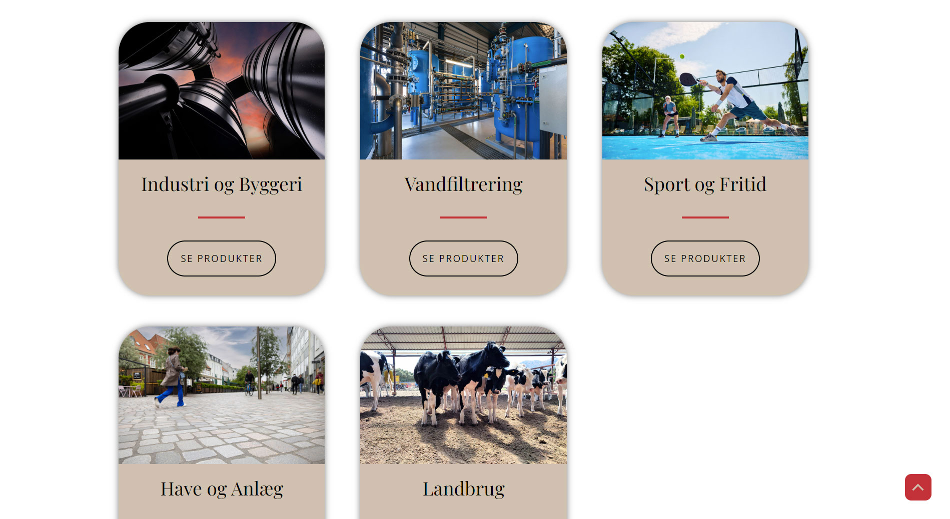 Produktside med introduktion til forskellige hovedkategorier på Dansk Kvarts Industri webside af designet af freelance marketingkonsulent og webdesigner Marketingsnedkeren