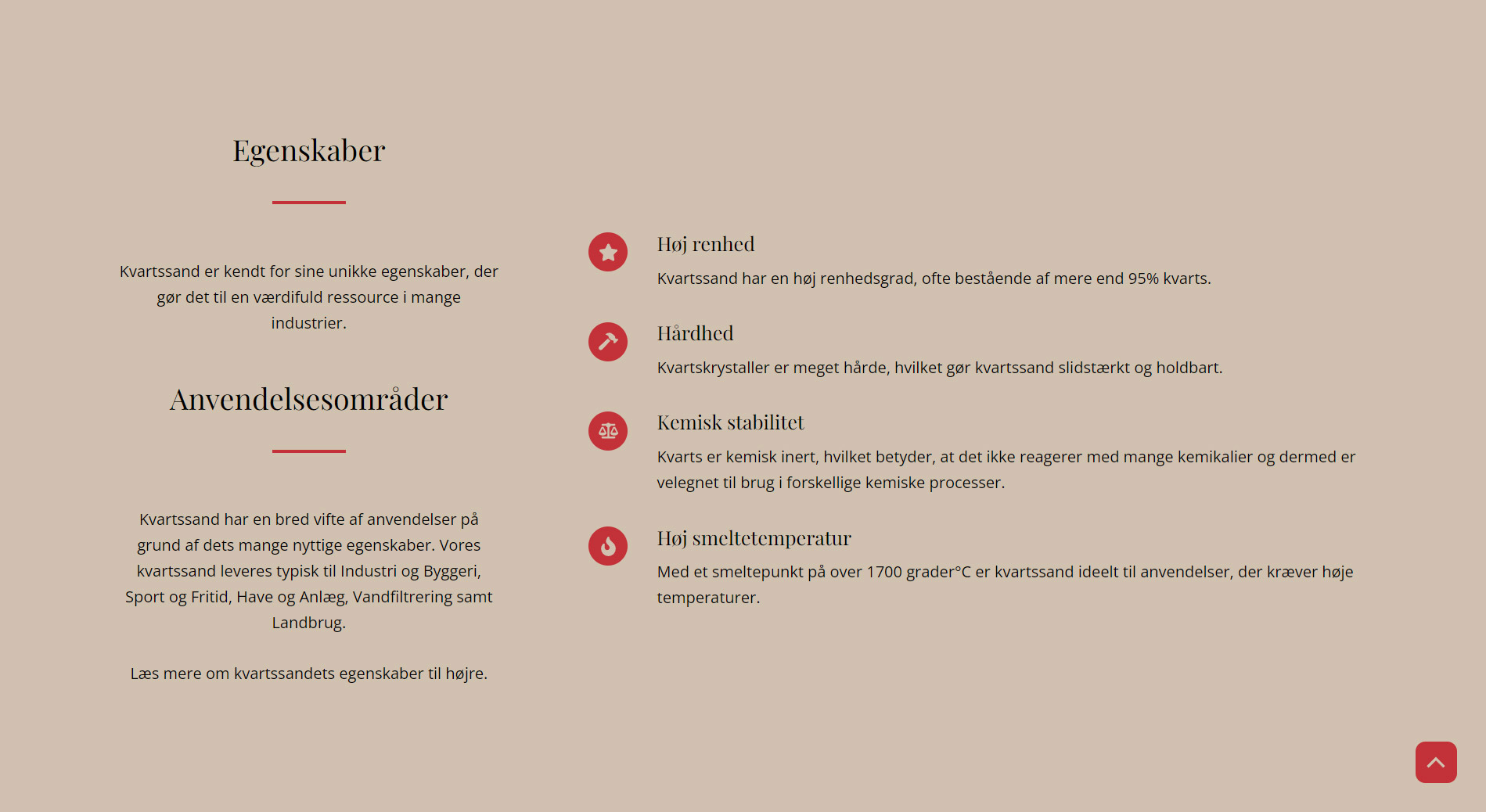 Produktside med introduktion fordele og anvendelsesmuligheder for kvartssand på Dansk Kvarts Industri webside af designet af freelance marketingkonsulent og webdesigner Marketingsnedkeren