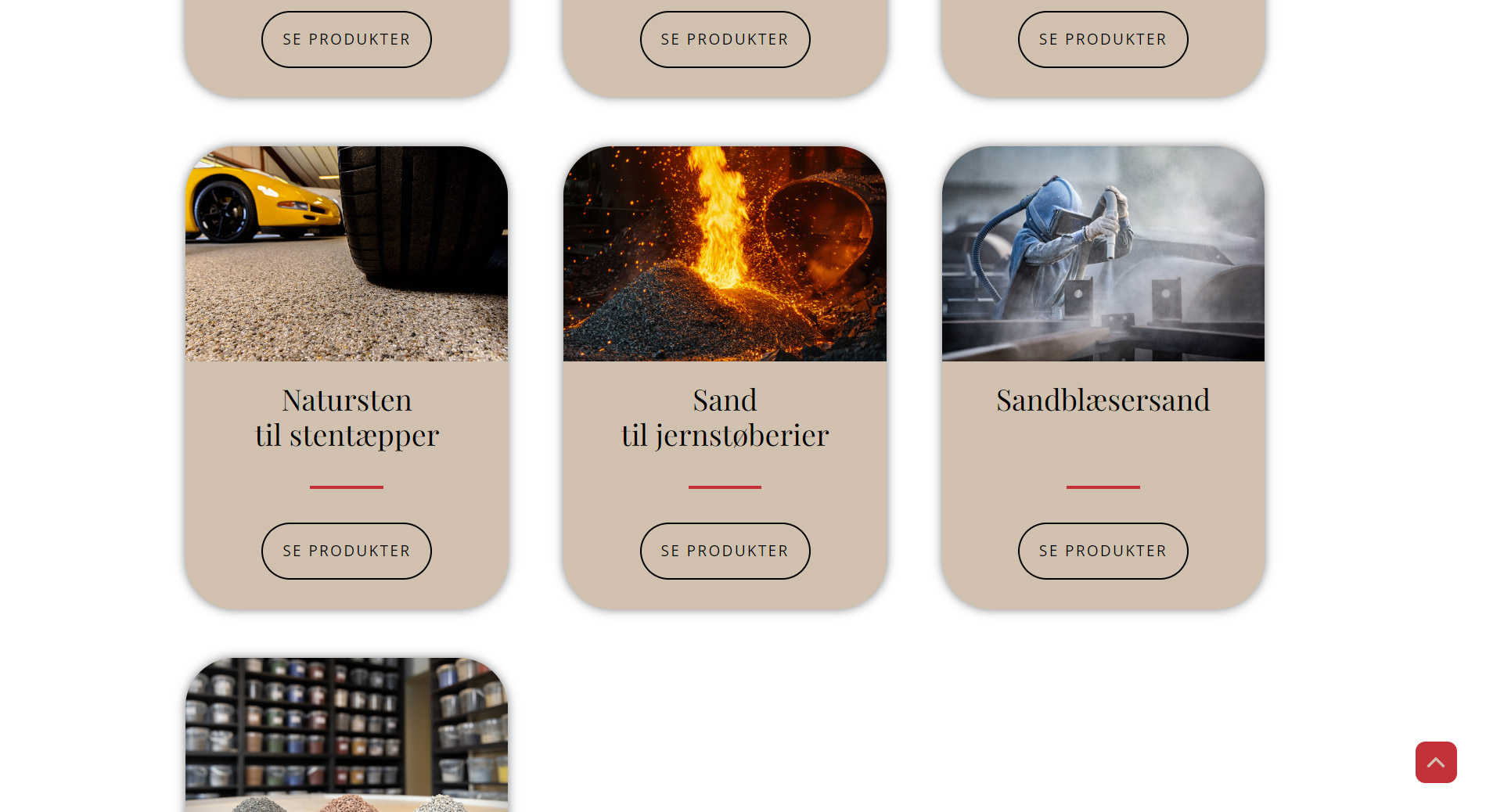 Produktside med introduktion til forskellige produkter i kategorien Industri og Byggeri på Dansk Kvarts Industri webside af designet af freelance marketingkonsulent og webdesigner Marketingsnedkeren