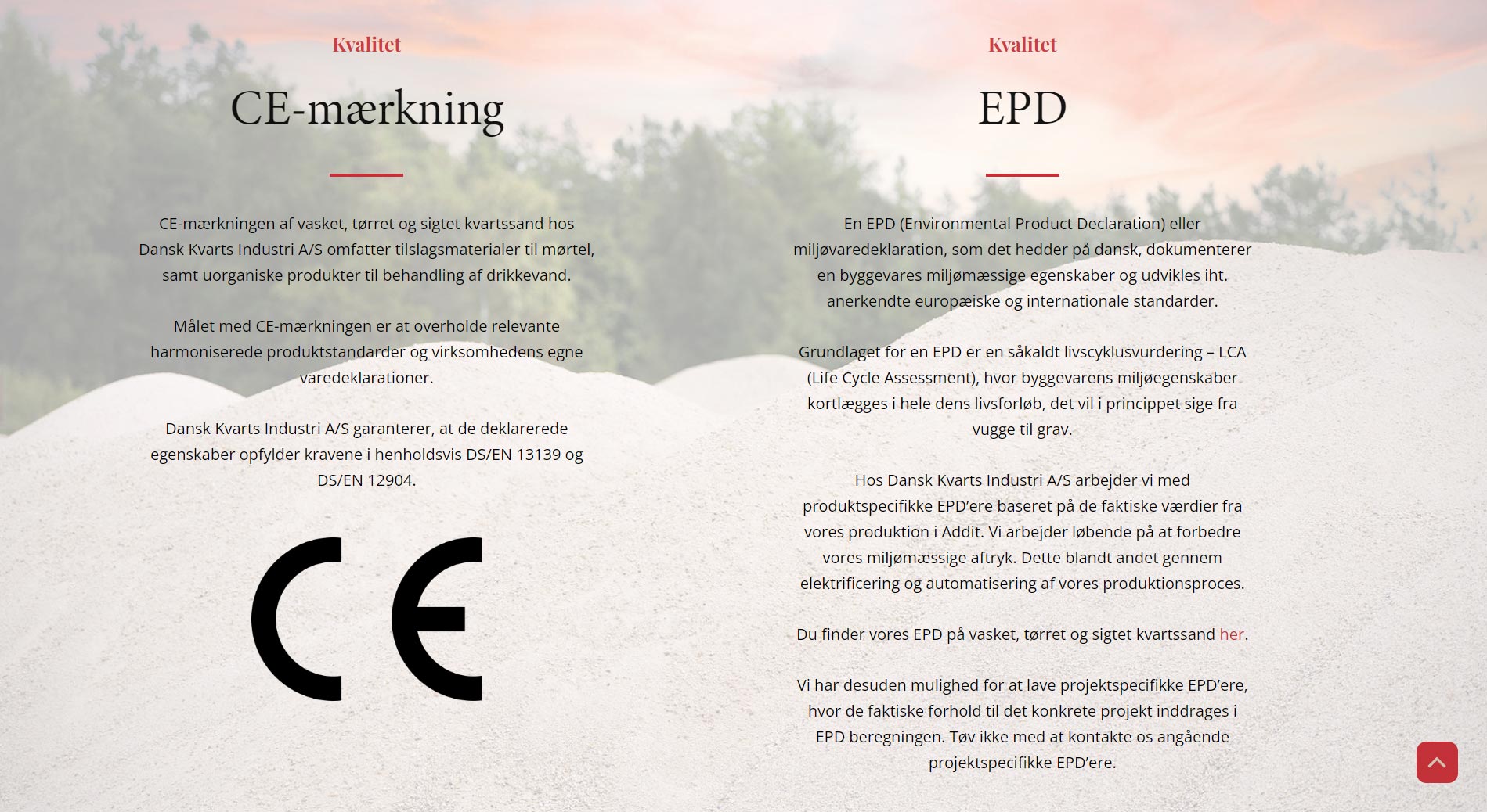 Side for produktion med beskrivelse af CE-mærkning og EPD på Dansk Kvarts Industri webside af designet af freelance marketingkonsulent og webdesigner Marketingsnedkeren