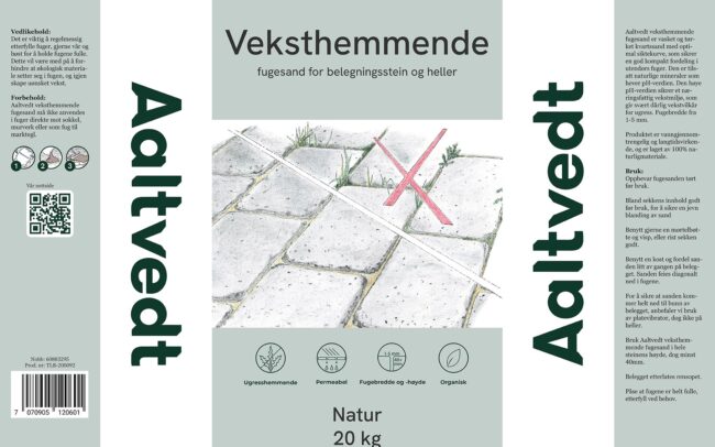 Design af emballage / sæk for Aaltvedt til Veksthemmende fugesand designet at grafisk designer og freelance marketing konsulent Marketingsnedkeren