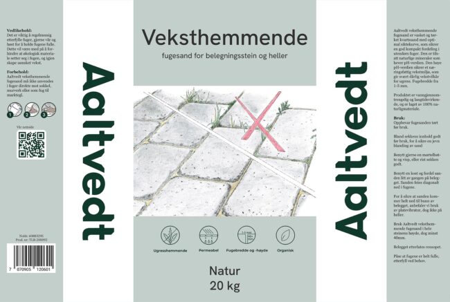 Design af emballage / sæk for Aaltvedt til Veksthemmende fugesand designet at grafisk designer og freelance marketing konsulent Marketingsnedkeren