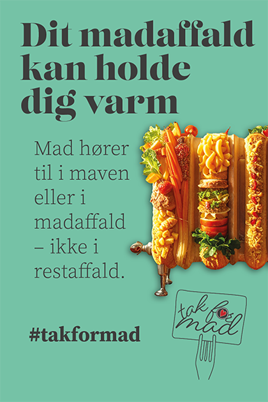 Infoskærm til 'tak' for mad'-kampagnen med en radiator der er lavet af madvarer designet af grafisk designer og freelance marketing konsulent Marketingsnedkeren