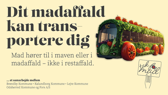Webbanner til 'tak' for mad'-kampagnen med en bus der er lavet af grøntsager designet af grafisk designer og freelance marketing konsulent Marketingsnedkeren