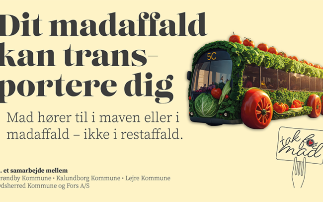 Webbanner til 'tak' for mad'-kampagnen med en bus der er lavet af grøntsager designet af grafisk designer og freelance marketing konsulent Marketingsnedkeren