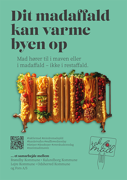 Plakat til 'tak' for mad'-kampagnen med en radiator der er lavet af madvarer designet af grafisk designer og freelance marketing konsulent Marketingsnedkeren