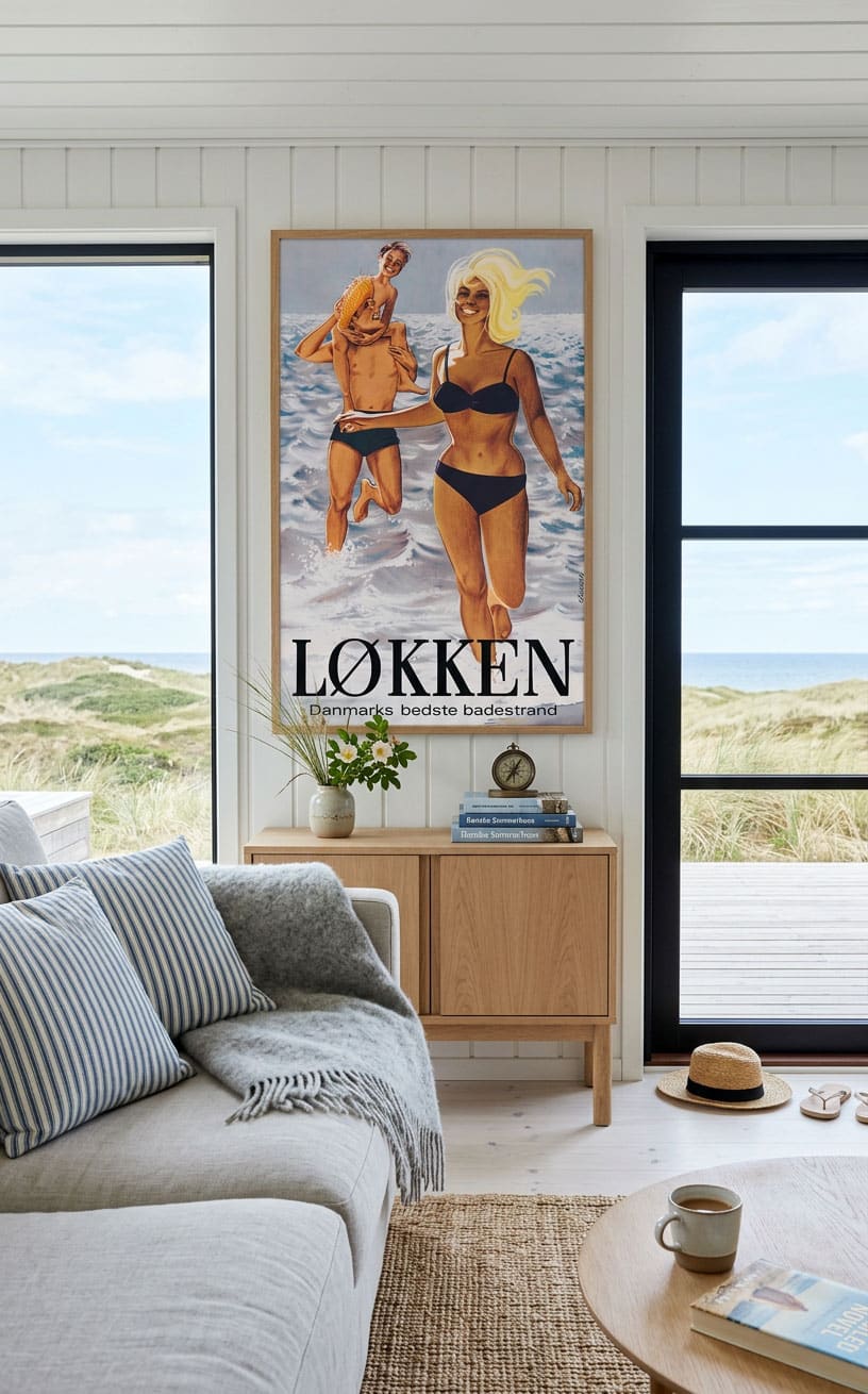Ai foto af sommerhus med Løkken plakat tegnet af Ole Thorsdal i 1960'erne genereret af grafisk designer og freelance marketing konsulent Marketingsnedkeren