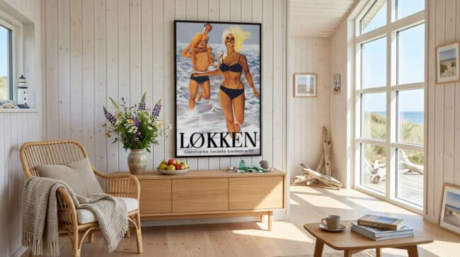 Ai foto af sommerhus med Løkken plakat tegnet af Ole Thorsdal i 1960'erne genereret af grafisk designer og freelance marketing konsulent Marketingsnedkeren