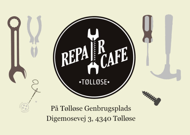 Flyer med to sider der opfordrer folk til at komme og få repareret deres brugte ting gratis designet for Repair Café Tølløse af grafisk designer og freelance marketing konsulent og marketingkonsulent Marketingsnedkeren