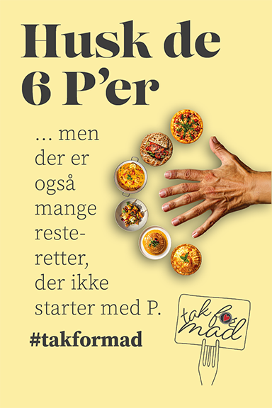 Infoskærm til 'tak' for mad'-kampagnen med en hånd med seks fingre der peger på en tærte, en pizza, en paella, en pita, pandekager og pindemadder designet af grafisk designer og freelance marketing konsulent Marketingsnedkeren