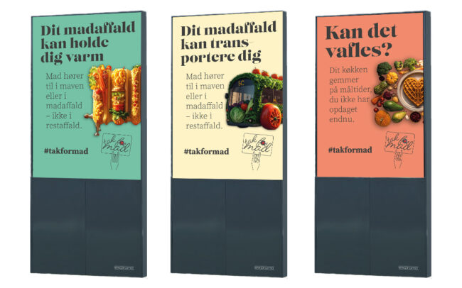 Tre infoskærme til 'tak' for mad'-kampagnen designet af grafisk designer og freelance marketing konsulent Marketingsnedkeren