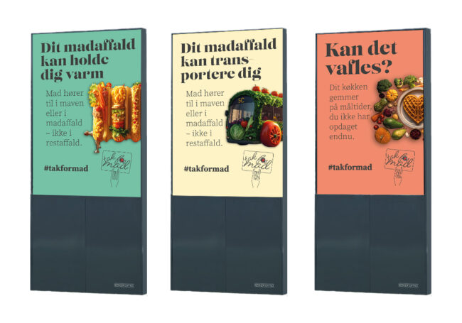 Tre infoskærme til 'tak' for mad'-kampagnen designet af grafisk designer og freelance marketing konsulent Marketingsnedkeren