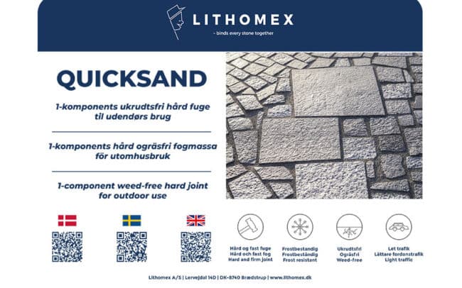Design af emballage / spand til Lithomex Quicksand designet at grafisk designer og freelance marketing konsulent Marketingsnedkeren