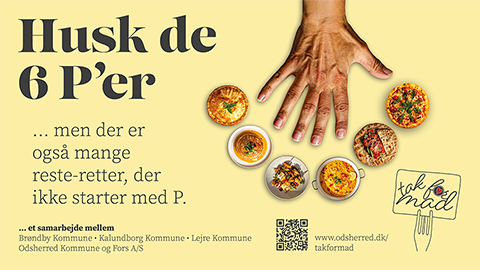 Infoskærm til 'tak' for mad'-kampagnen med en hånd med seks fingre der peger på en tærte, en pizza, en paella, en pita, pandekager og pindemadder designet af grafisk designer og freelance marketing konsulent Marketingsnedkeren