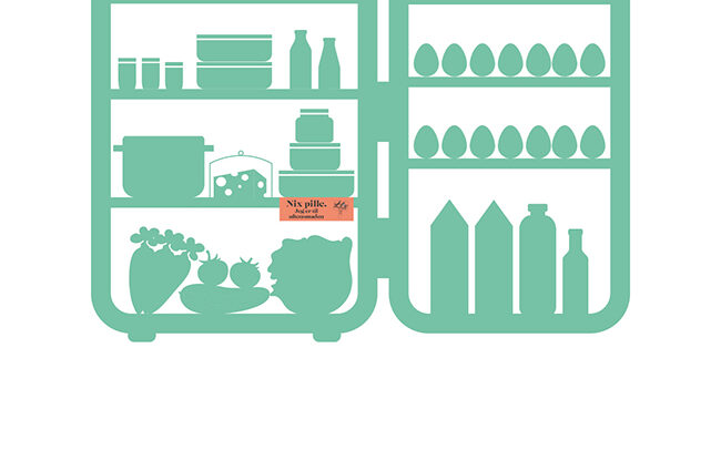 Hyldeforkant til køleskab med grafik af køleskab og opfordring til ikke at spise maden designet af grafisk designer og freelance marketing konsulent Marketingsnedkeren