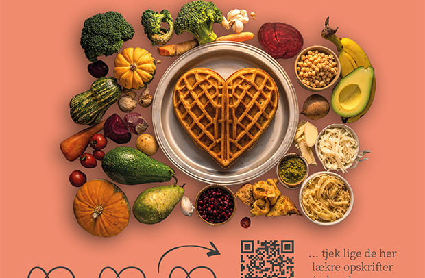 Postkort ifm. Valentins Dag til 'tak' for mad'-kampagnen med en hjerteformet vaffel på en tallerken omgivet af forskellige grøntsager designet af grafisk designer og freelance marketing konsulent Marketingsnedkeren