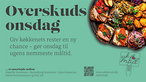 Infoskærm til 'tak' for mad'-kampagnen med et træfad med rugbrødsmadder designet af grafisk designer og freelance marketing konsulent Marketingsnedkeren