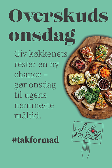 Infoskærm til 'tak' for mad'-kampagnen med et træfad med rugbrødsmadder designet af grafisk designer og freelance marketing konsulent Marketingsnedkeren