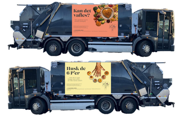 To renovationsbiler med plakater til 'tak' for mad'-kampagnen designet af grafisk designer og freelance marketing konsulent Marketingsnedkeren